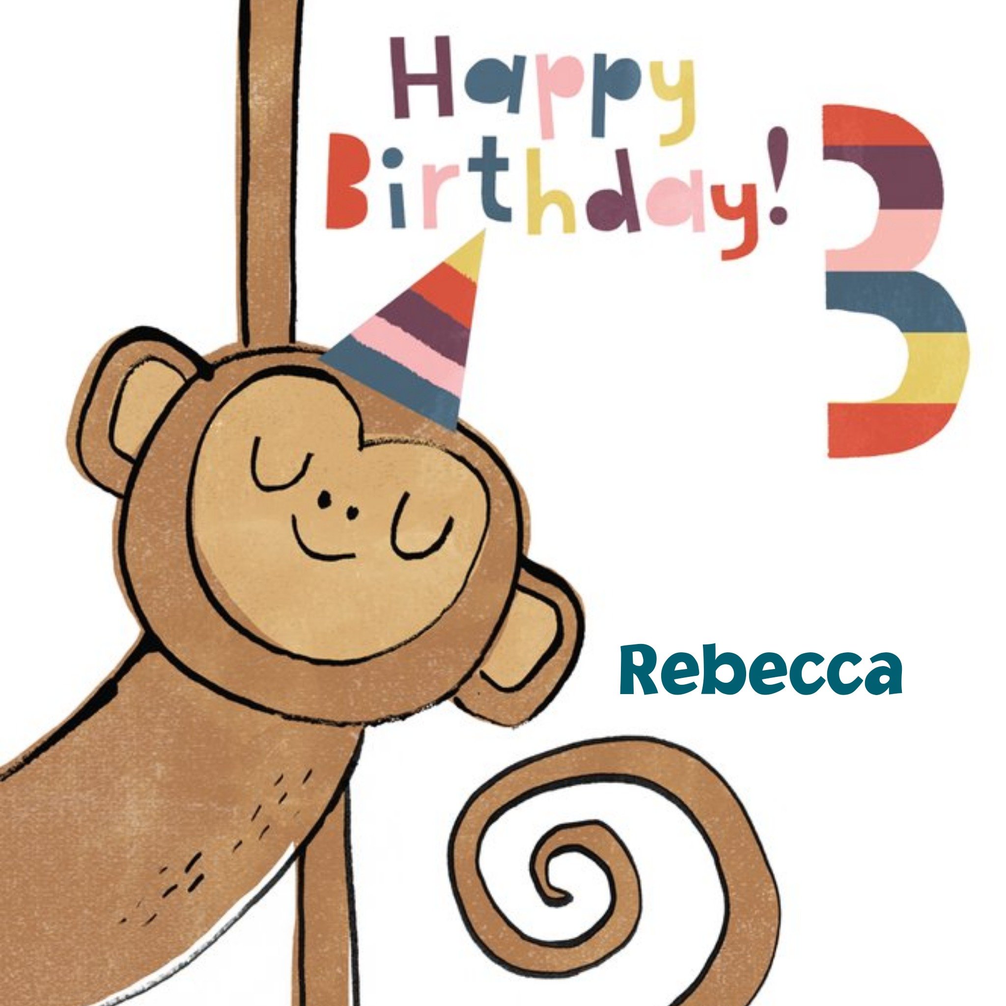 Smiling Monkey Personalised Happy 3rd Birthday Card, Square