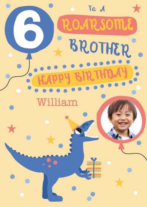 Blue Dinosaur Brother 6th Birthday Photo Upload Card