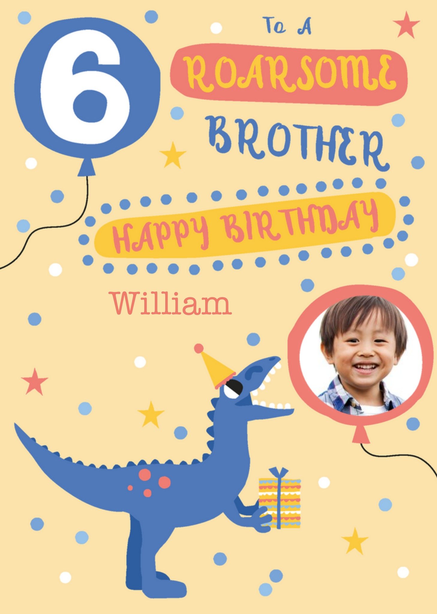 Blue Dinosaur Brother 6th Birthday Photo Upload Card Ecard