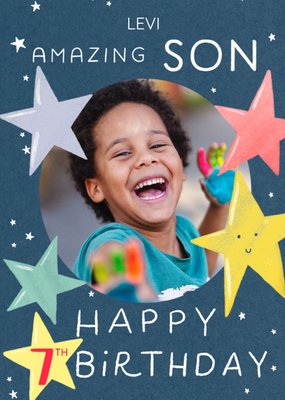 Circular Photo Frame Surrounded By Colourful Stars Son's Photo Upload Seventh Birthday Card