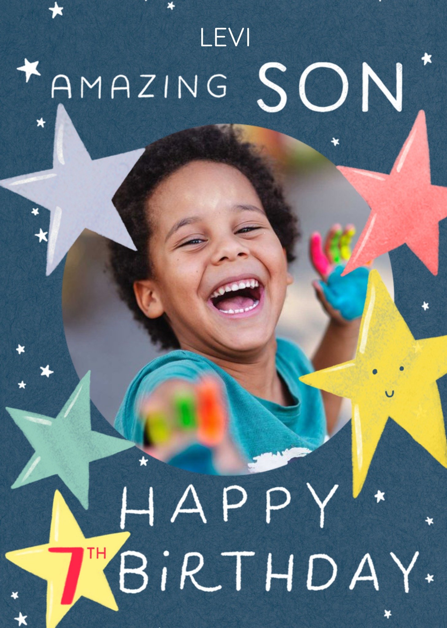 Moonpig Circular Photo Frame Surrounded By Colourful Stars Son's Photo Upload Seventh Birthday Card,