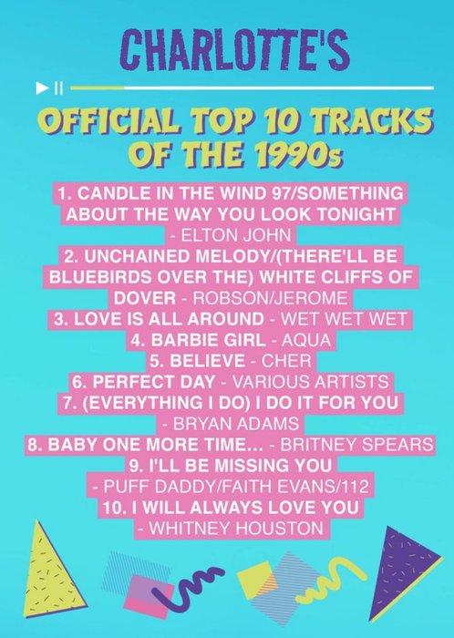Official Charts Top 10 Tracks Of The 1990s Birthday Card