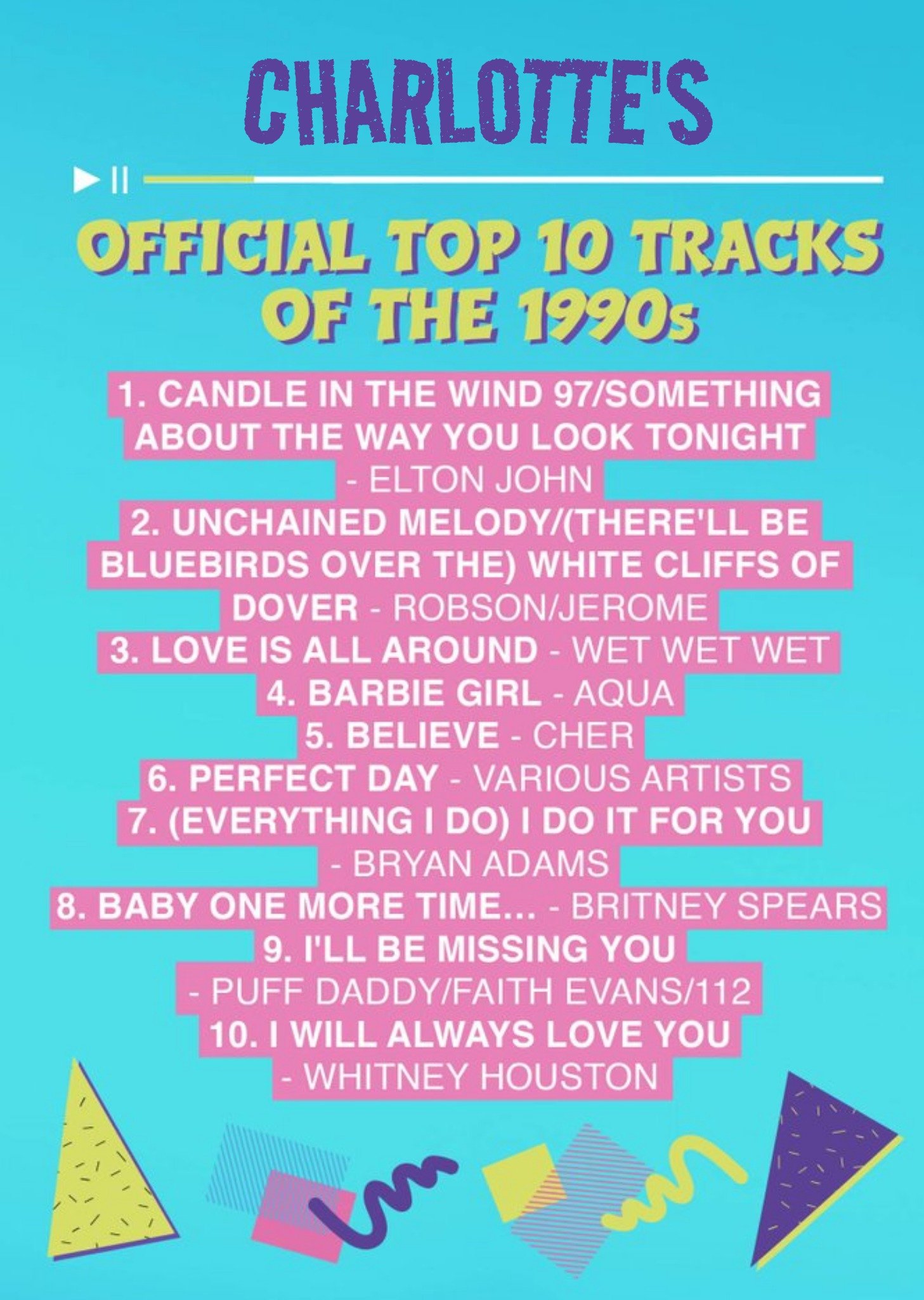 Moonpig Icial Charts Top 10 Tracks Of The 1990S Birthday Card, Large