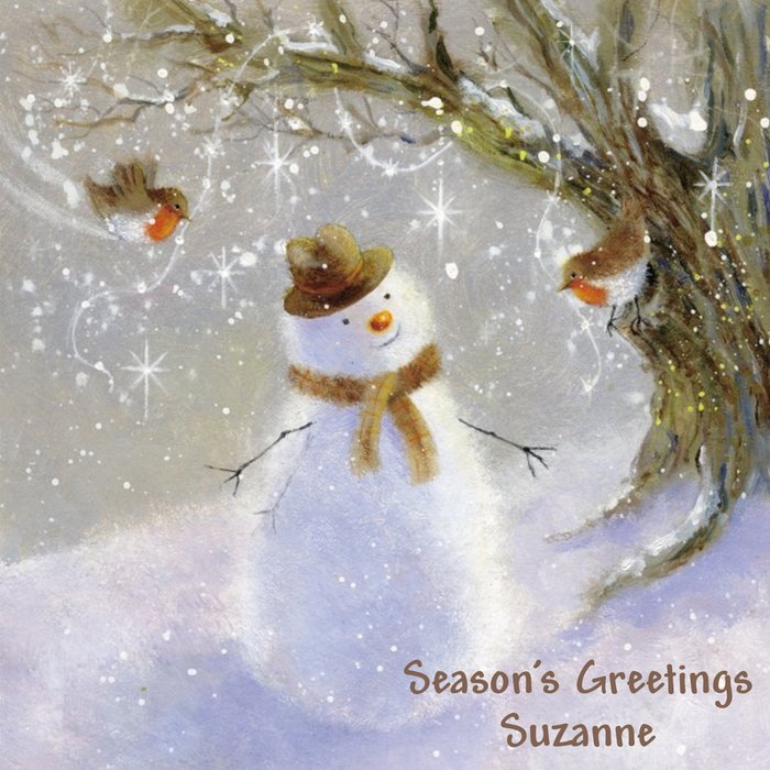 Snowman And Robin Personalised Christmas Card