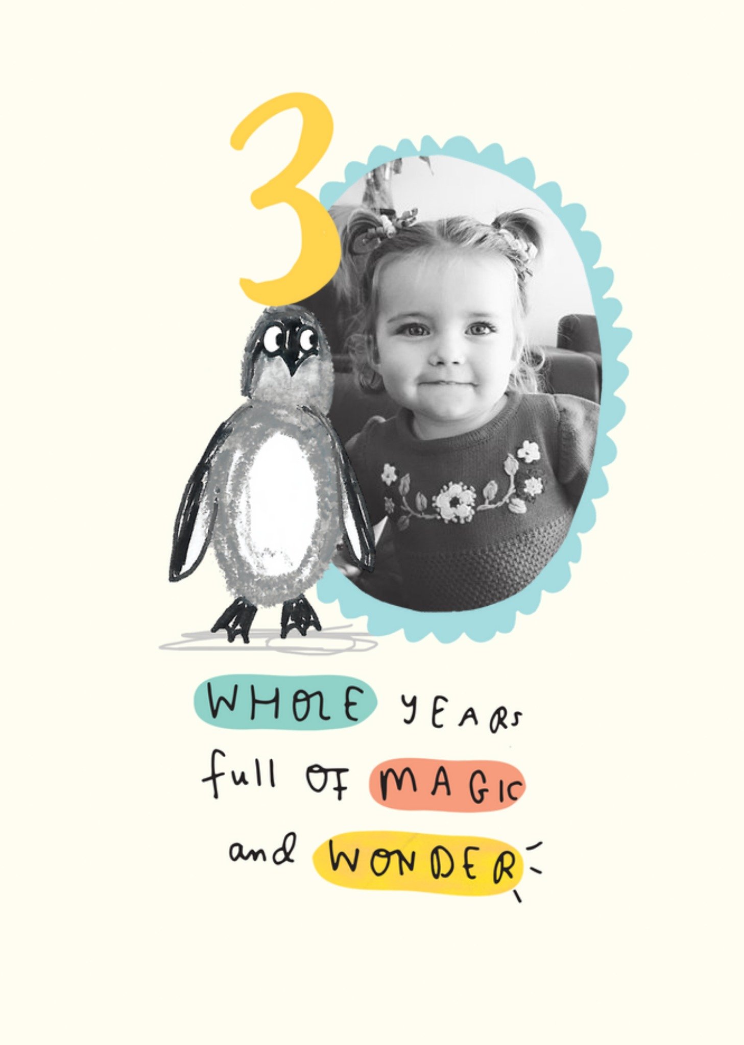 Moonpig Penguin Third Birthday Photo Upload Card, Large