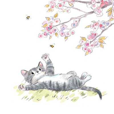 Cute Illustrated Tabby Kitten And Blossom Tree Birthday Card