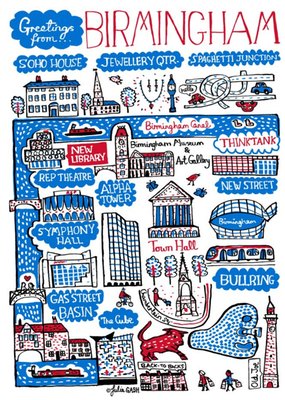 Illustrated Greetings From Birmingham Map Card