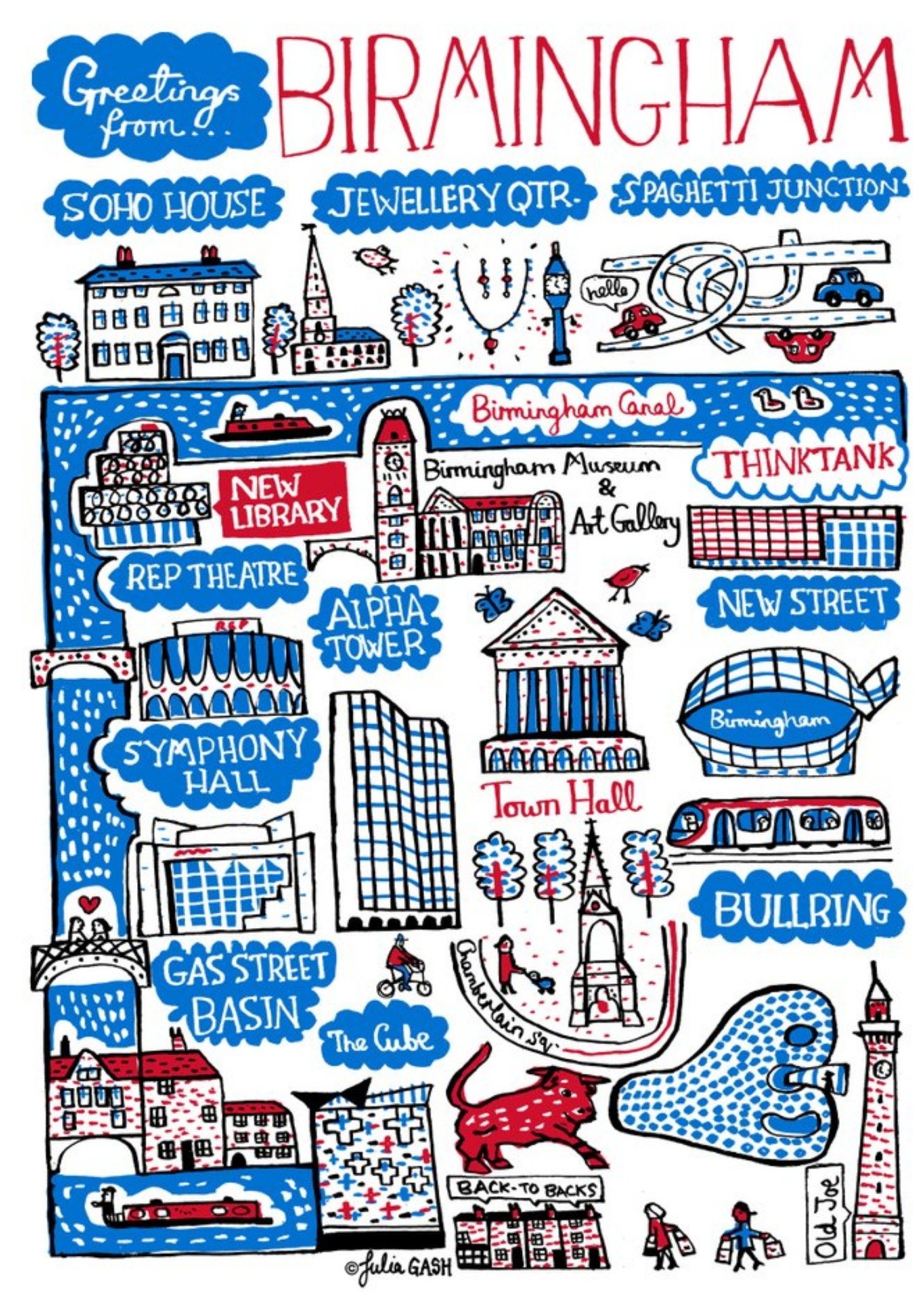 Illustrated Greetings From Birmingham Map Card Ecard