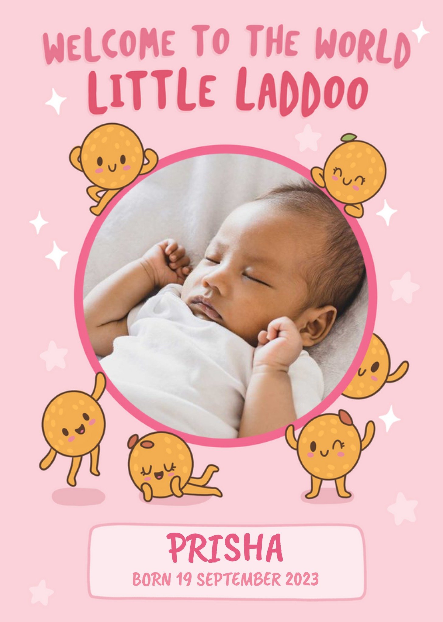 Moonpig Illustration Of Laddoo Characters Welcome To The World Photo Upload New Baby Girl Card Ecard