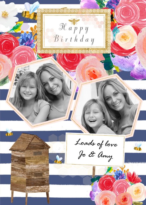 Stripes Honeycomb Frames And Beehive Personalised Photo Upload Happy Birthday Card