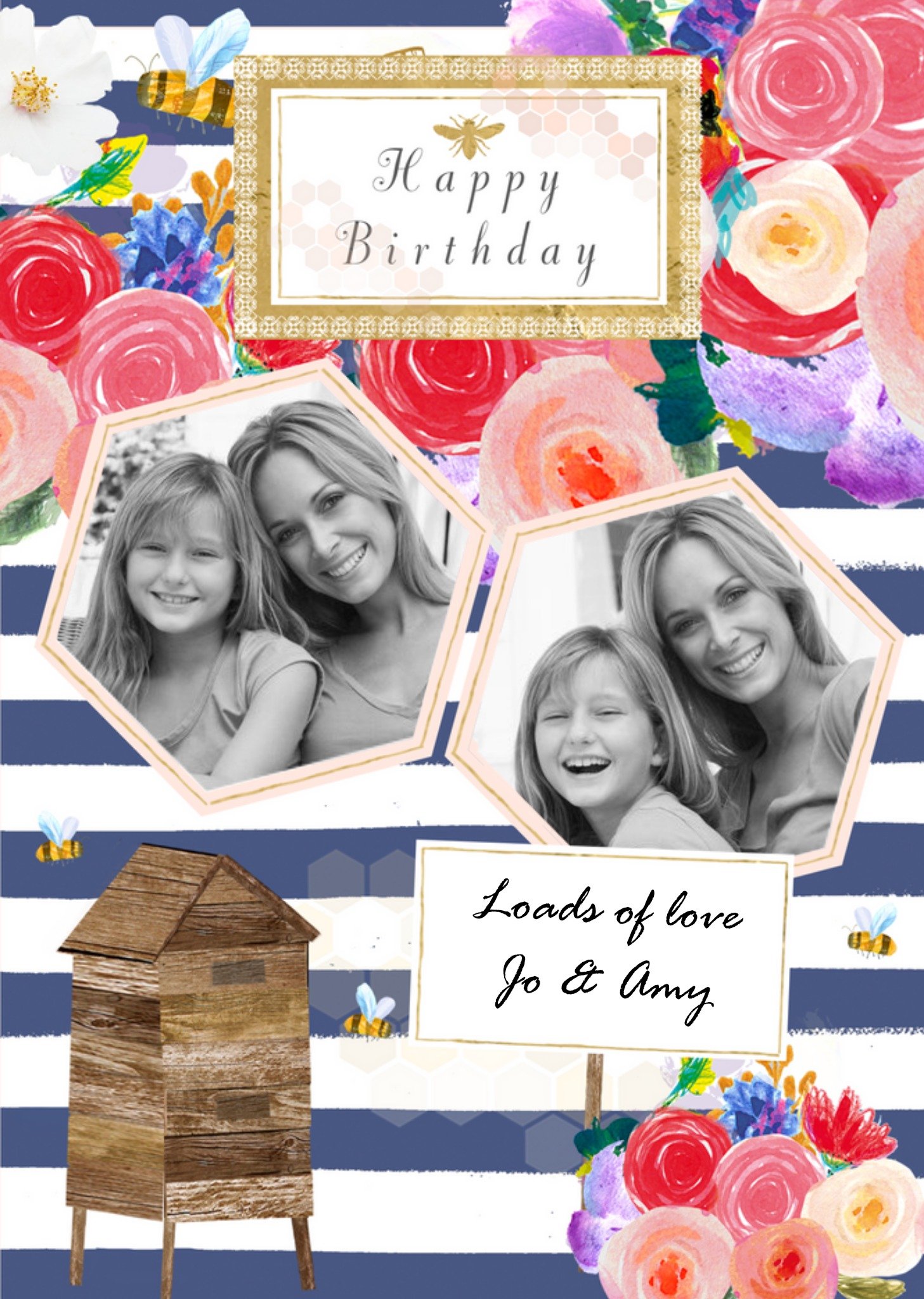 Stripes Honeycomb Frames And Beehive Personalised Photo Upload Happy Birthday Card Ecard