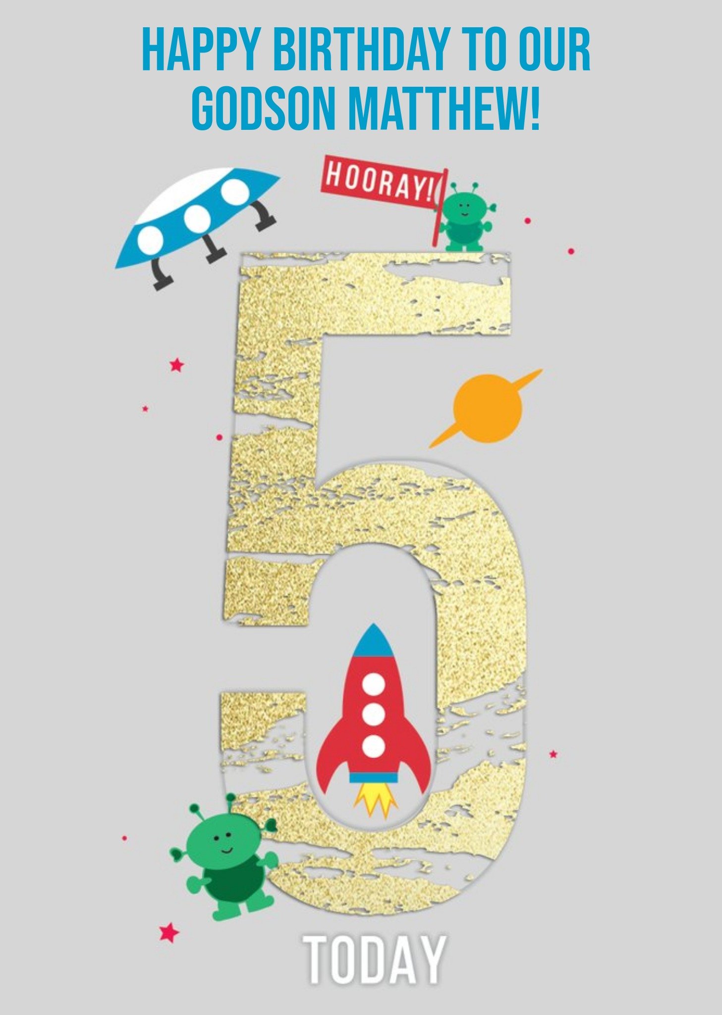 5 Today Godson Kids Alien Birthday Card