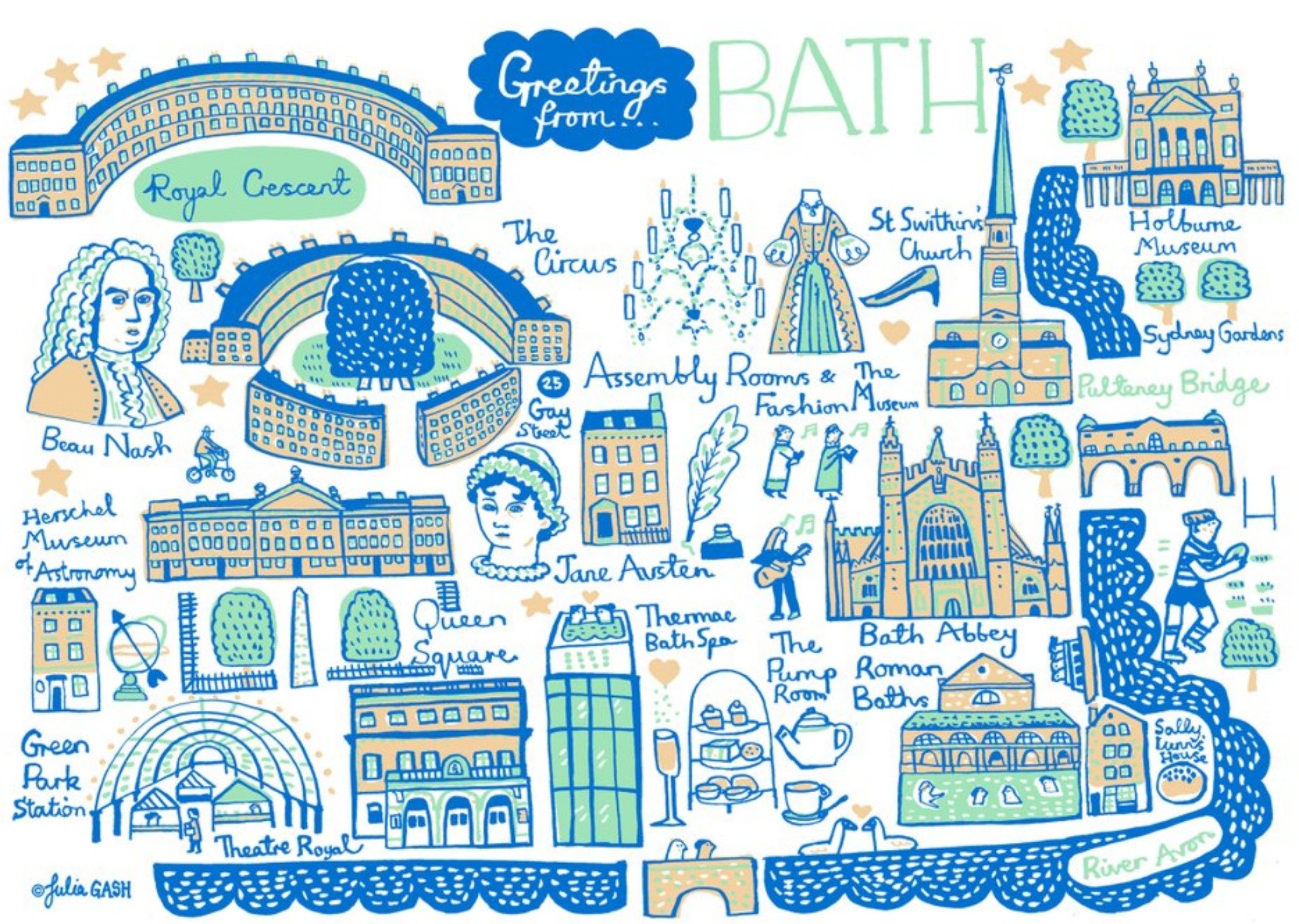 Illustrated Greetings From Bath Map Card Ecard