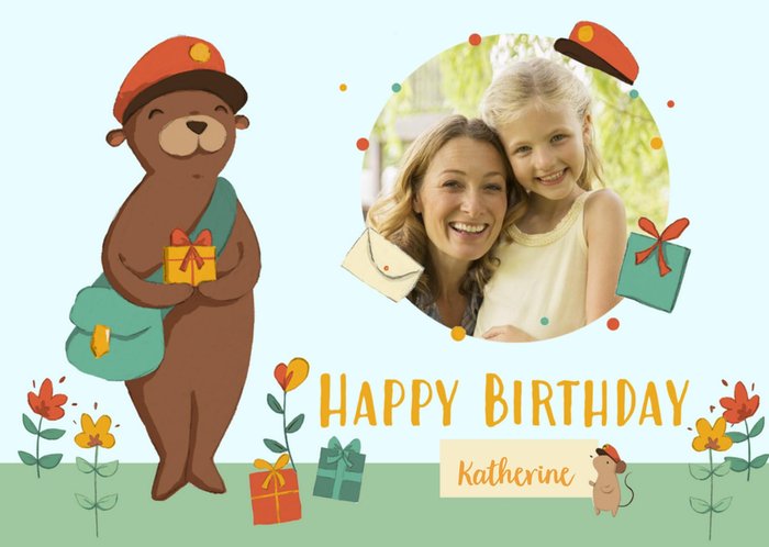 Personalised Bear And The Parcels Happy Birthday Single-Photo Card