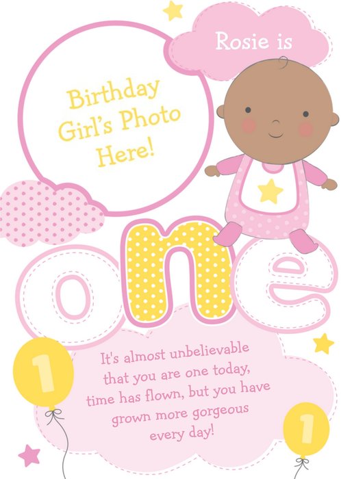 Yellow And Pink Clouds And Balloons Personalised Photo Upload Happy 1st Birthday Card