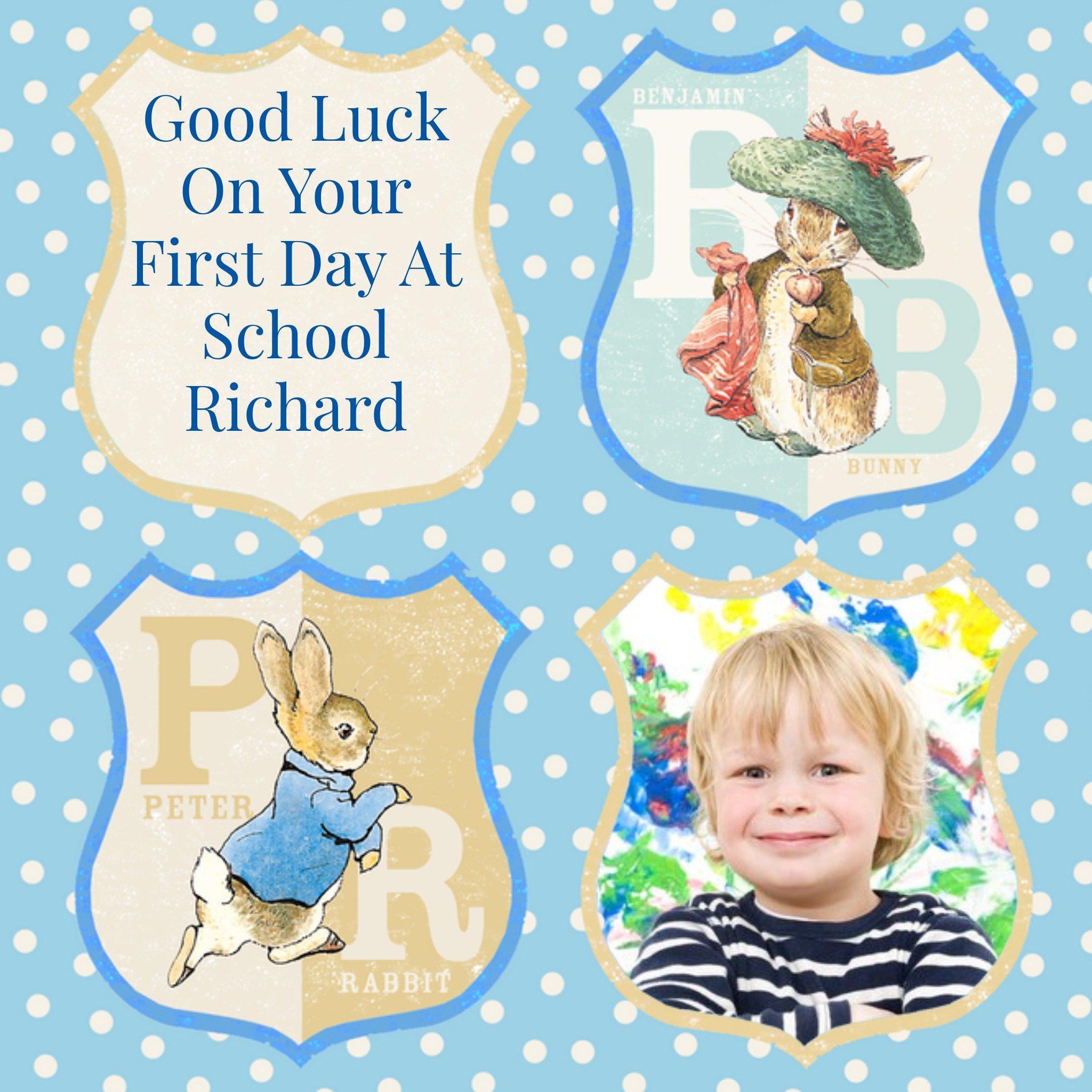 Beatrix Potter Peter Rabbit Personalised Photo Upload Good Luck On Your First Day At School Card, Sq