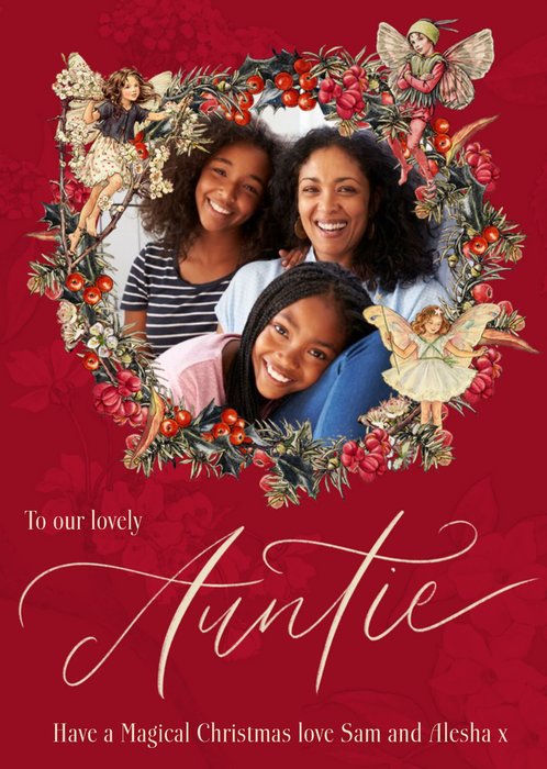 Flower Fairies Lovely Auntie Photo Upload Wreath Christmas Card