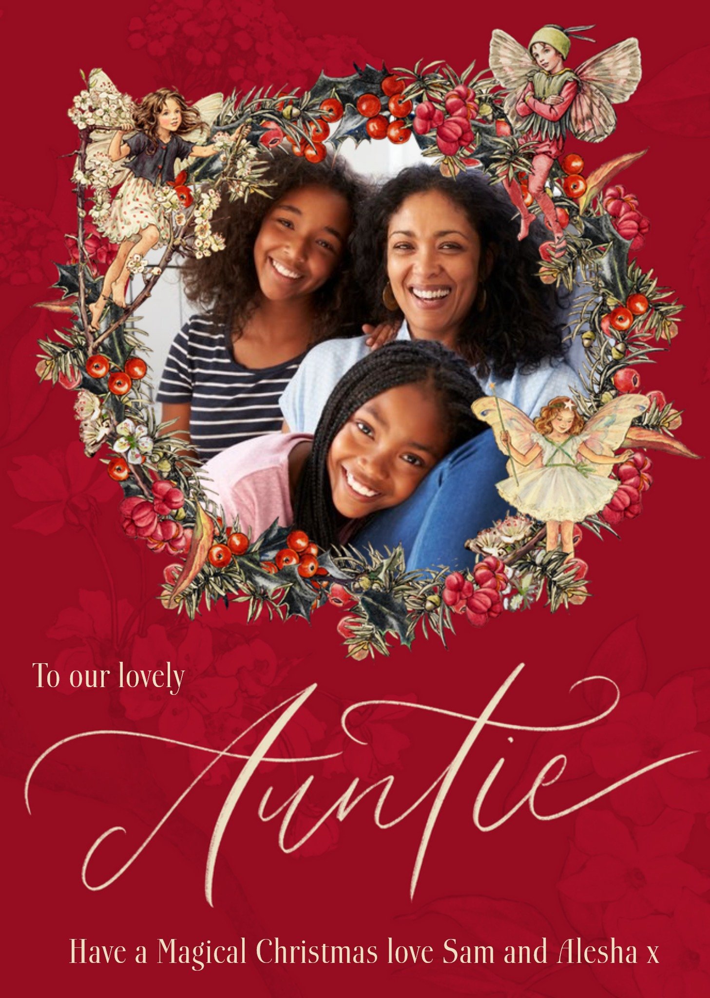 Flower Fairies Lovely Auntie Photo Upload Wreath Christmas Card Ecard