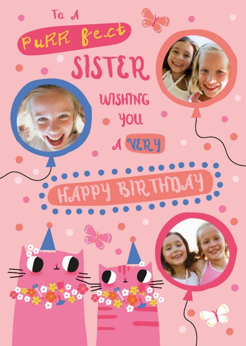 Pink Cats Sister Birthday Photo Upload Card