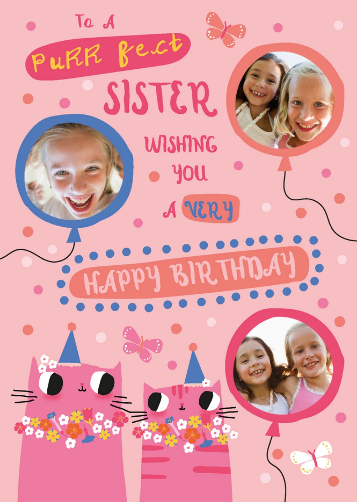 Moonpig Pink Cats Sister Birthday Photo Upload Card, Large