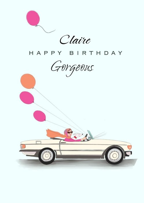 Illustrated Convertible Car Driven By A Glamorous Lady Birthday Card