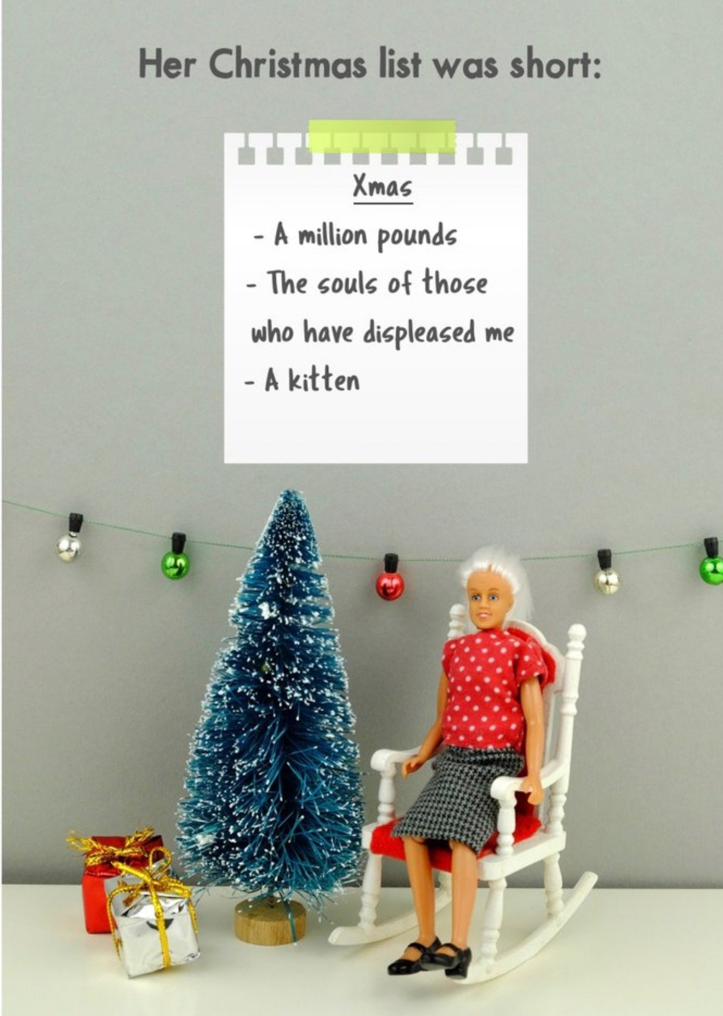 Bold And Bright Funny Dolls Short Christmas List Card