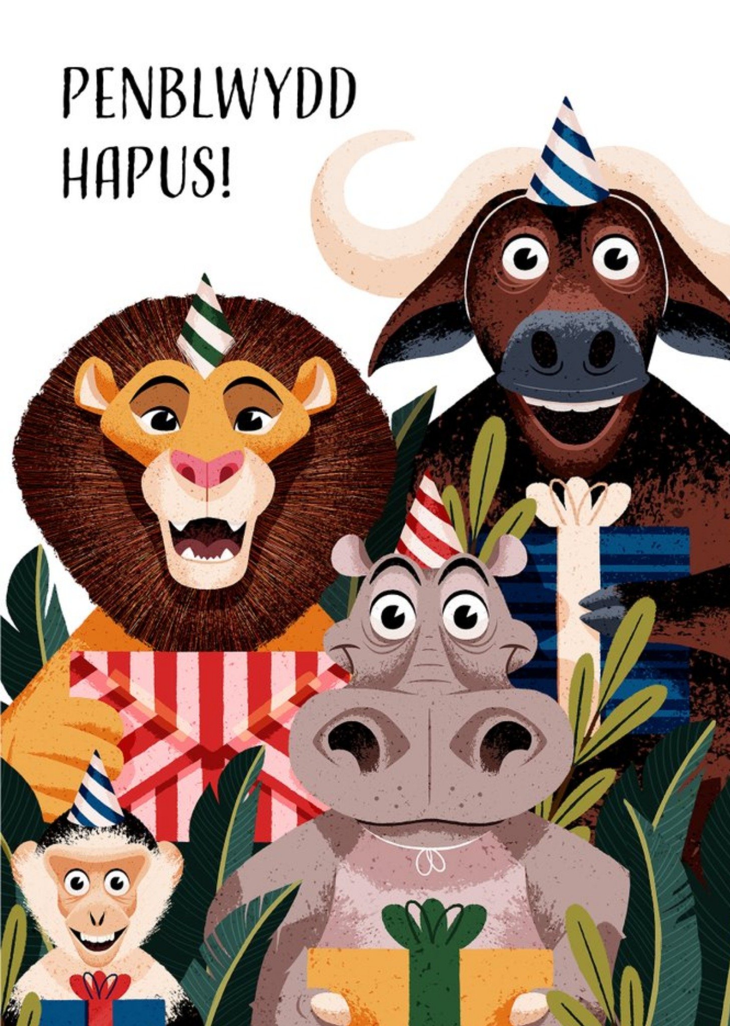 Moonpig Folio Jungle Animals Welsh Happy Birthday Card, Large