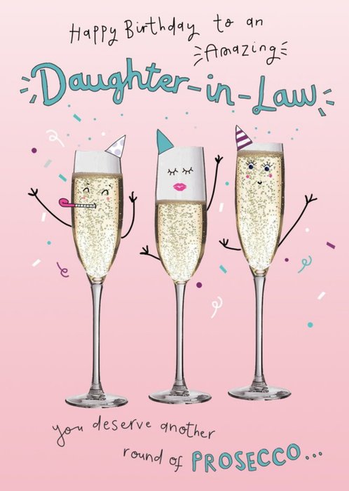 Illustration Of Wine Glass Characters Partying Surrounded By Confetti Daughter-In-Law Birthday Card