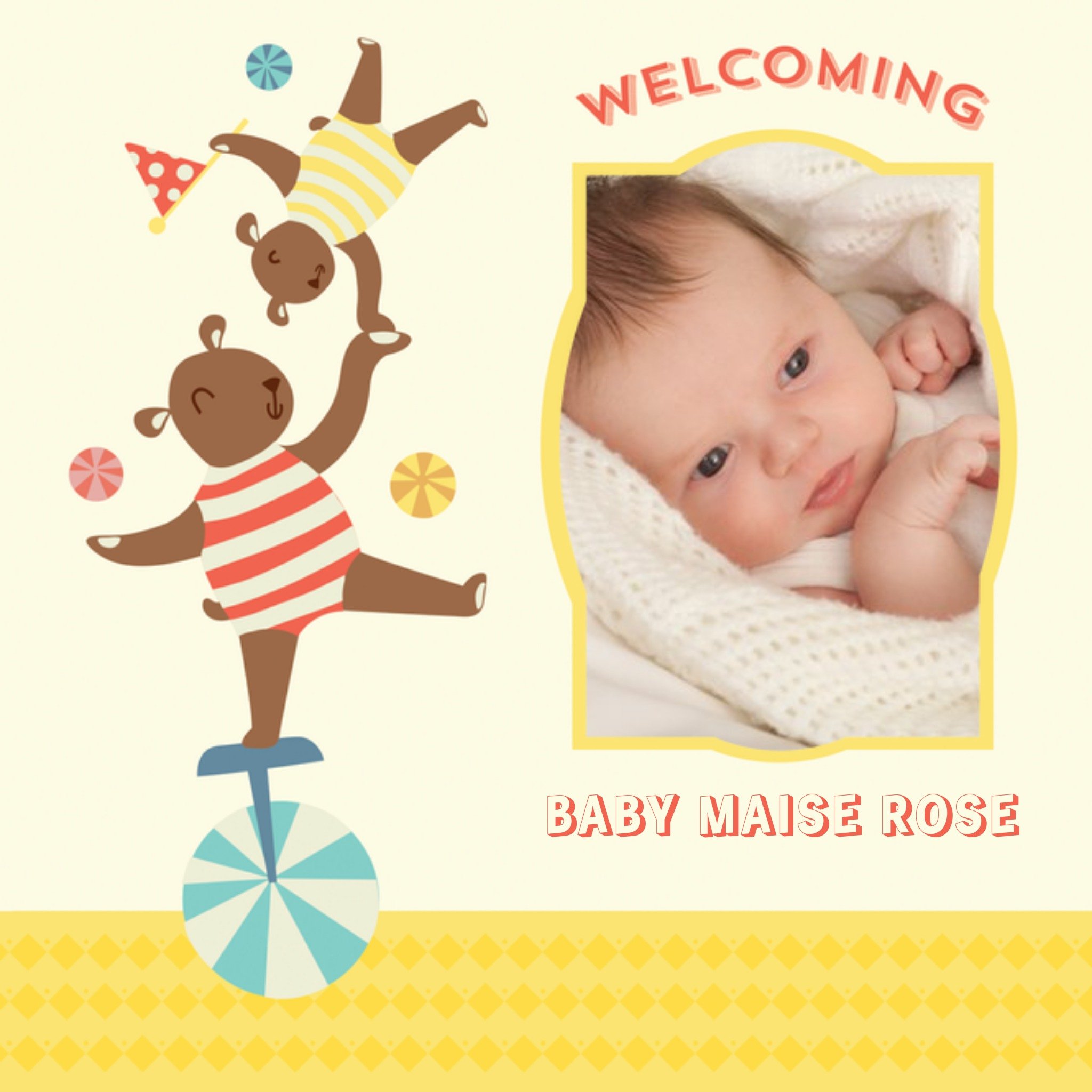 Cartoon Circus New Baby Photo Card, Square