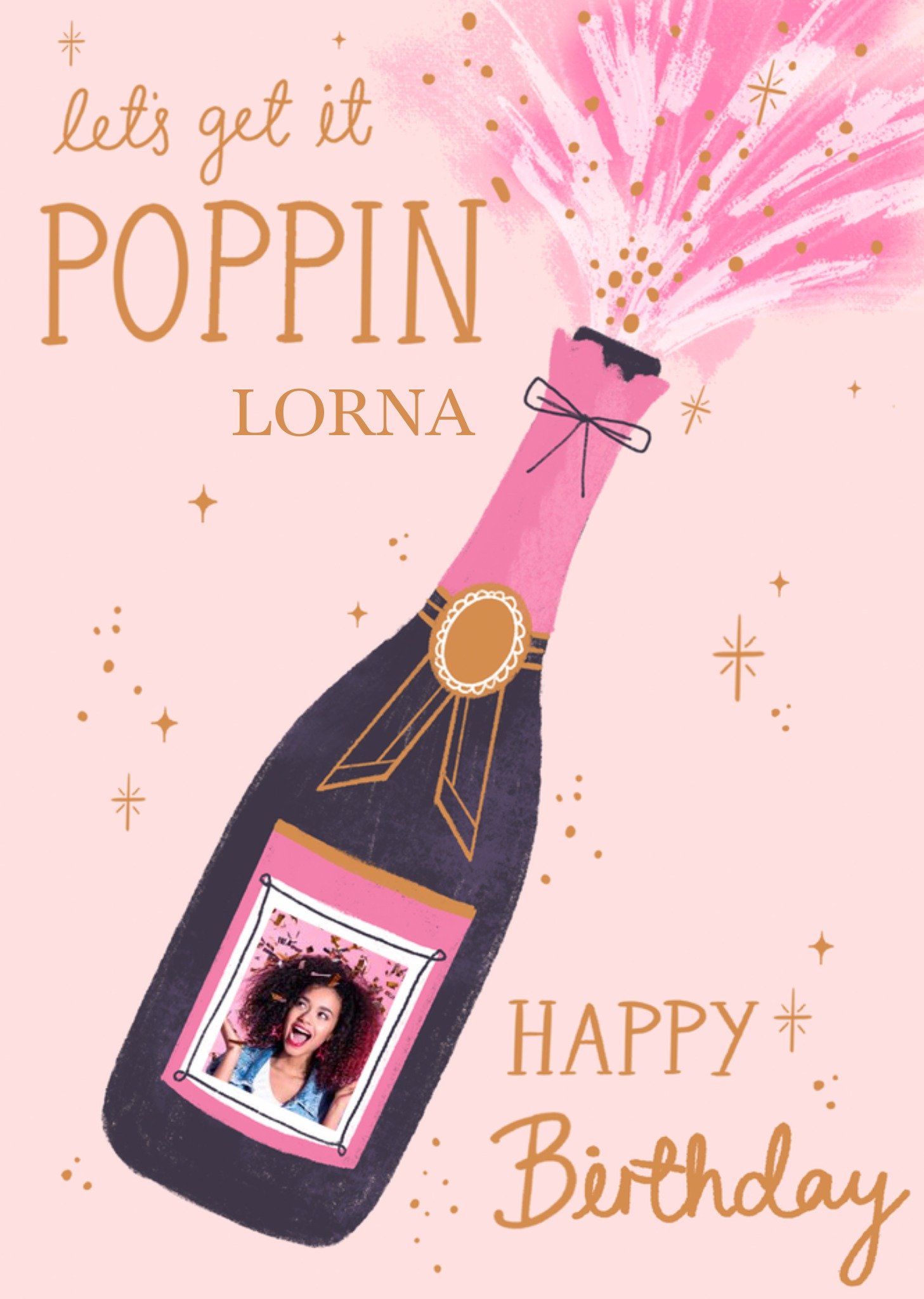 Illustration Of A Bottle Of Bubbly Let's Get It Poppin' Photo Upload Birthday Card Ecard