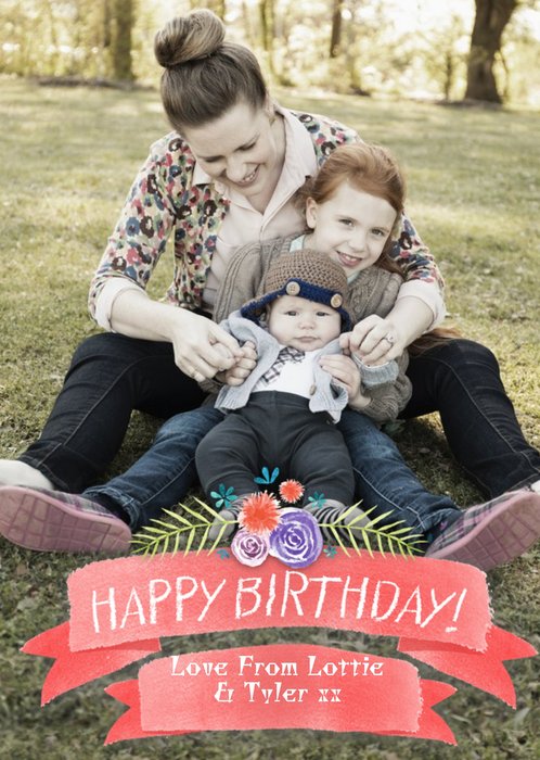 Coral Birthday Banner With Floral Details Personalised Photo Upload Birthday Card