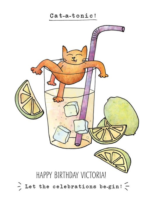 Funny Cat And Gin Birthday Card