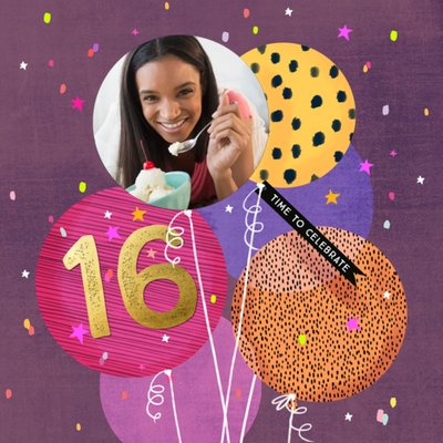 Purple Illustrated Balloons 16th Photo Upload Birthday Card