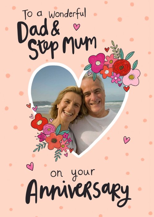 Heart Shaped Photo Frame Decorated With Flowers Dad And Step Mum Photo Upload Anniversary Card