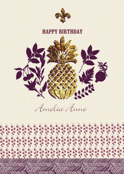 Plum And Metallic Gold Pineapple Personalised Birthday Card