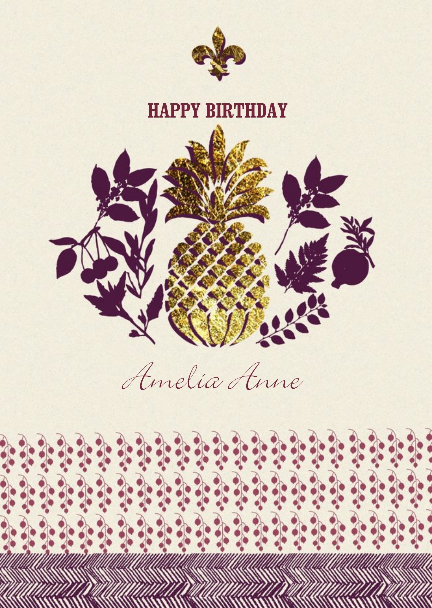 Plum And Metallic Gold Pineapple Personalised Birthday Card Ecard