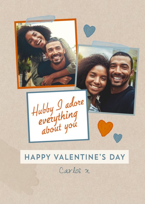 Watercolour Love Hearts Photo Upload Hubby Valentine's Card
