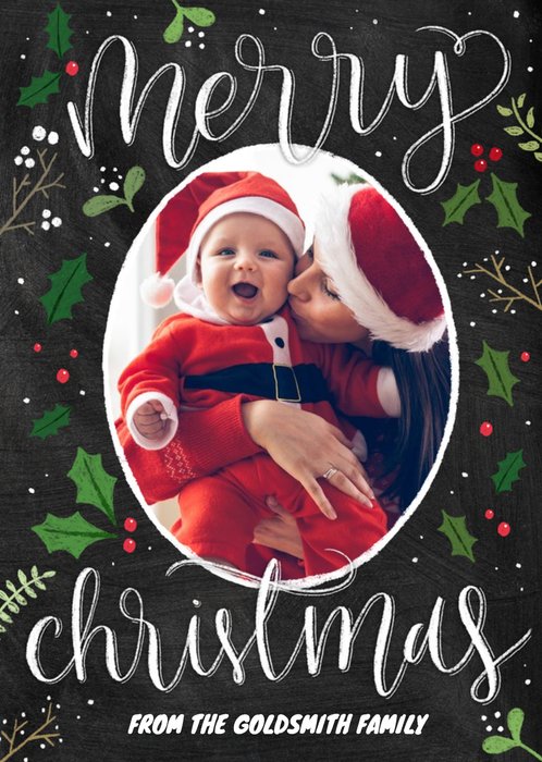 Holly And Mistletoe Personalised Photo Upload Merry Christmas Card