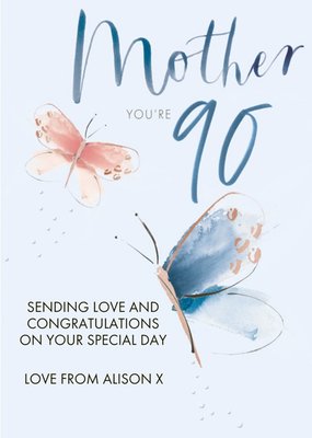 Clintons Mother Blue Butterfly 90th Birthday Card