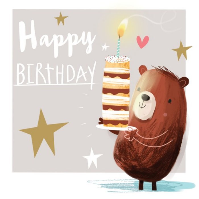 Cute Illustrated Bear Holding Cake Birthday Card