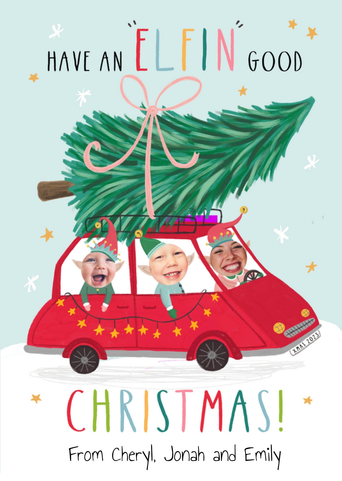 Moonpig Fun Elves Family Christmas Tree On Top Of Car Photo Upload Christmas Card, Large