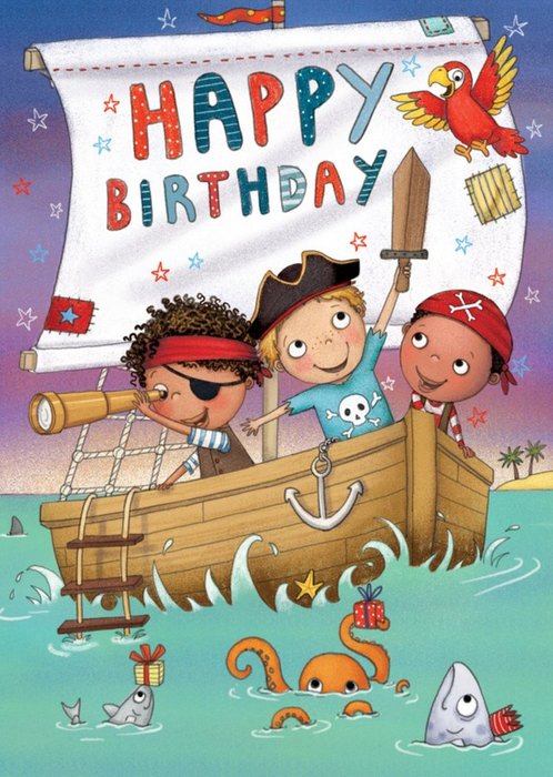 Boys In Pirate Ship Birthday Card