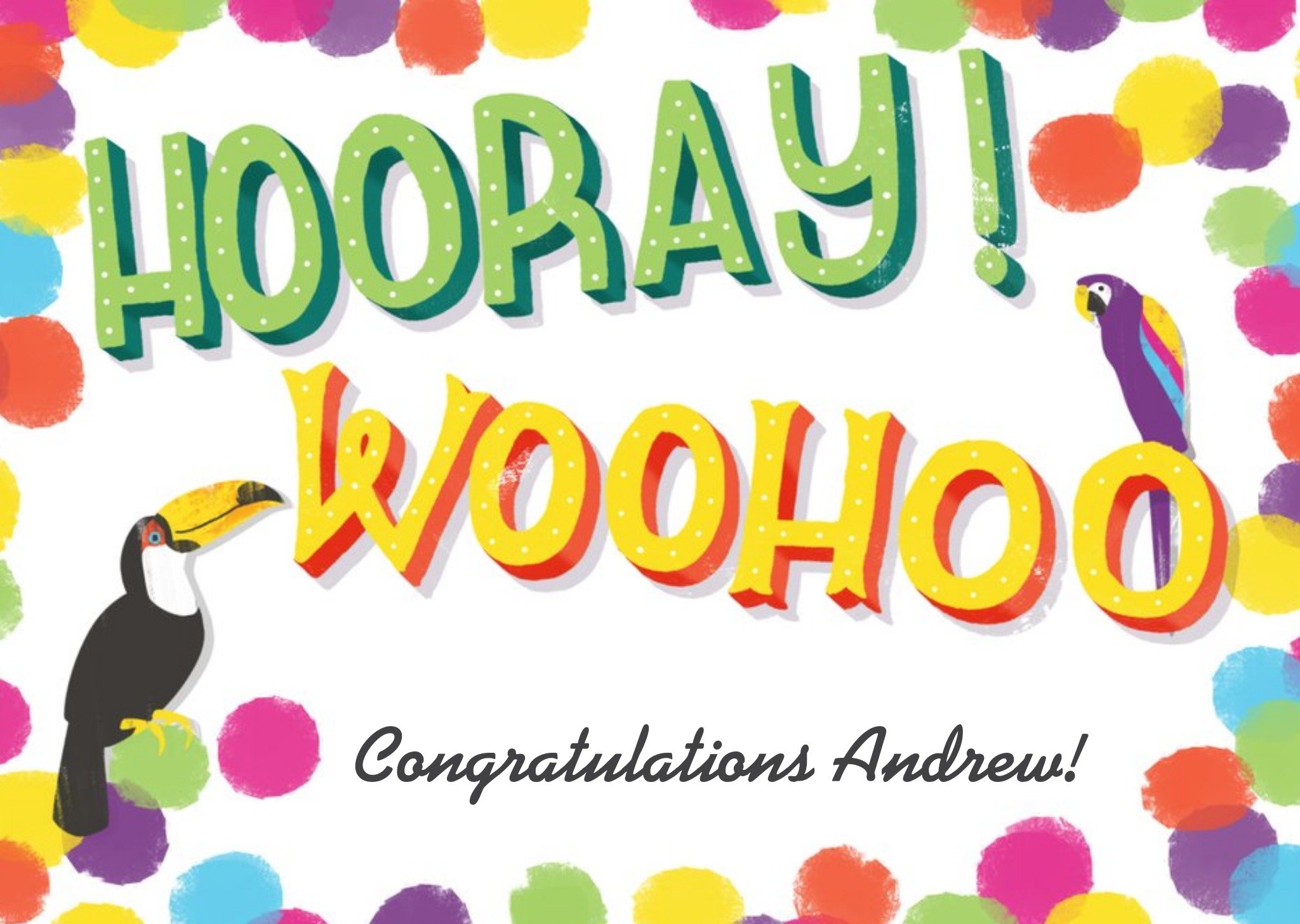 Moonpig Colourful Polka Dots And Tropical Birds Personalised Congratulations Card Ecard