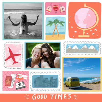 Birthday Card - photo upload card - good times - adventures - illustration