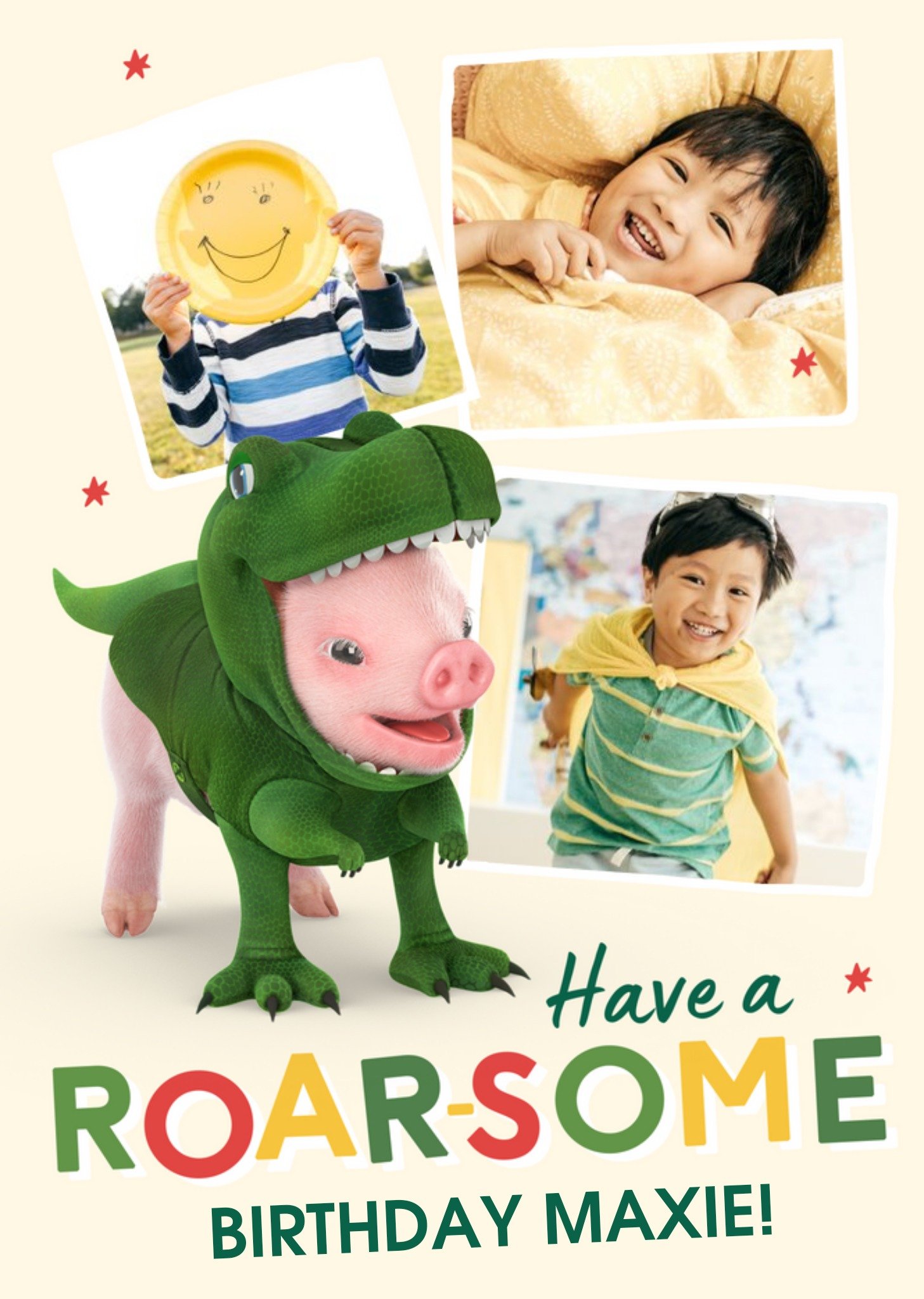Moonpig Exclusive Moonpigs Cute Dinosaur Pig Roarsome Photo Upload Birthday Card, Large