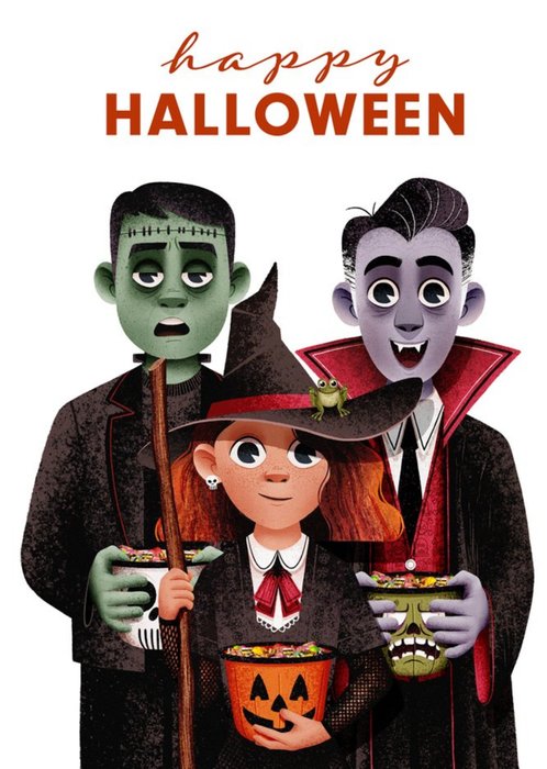 Folio Illustrated Three Kids In Costume Vampire Witch Frankenstein Happy Halloween
