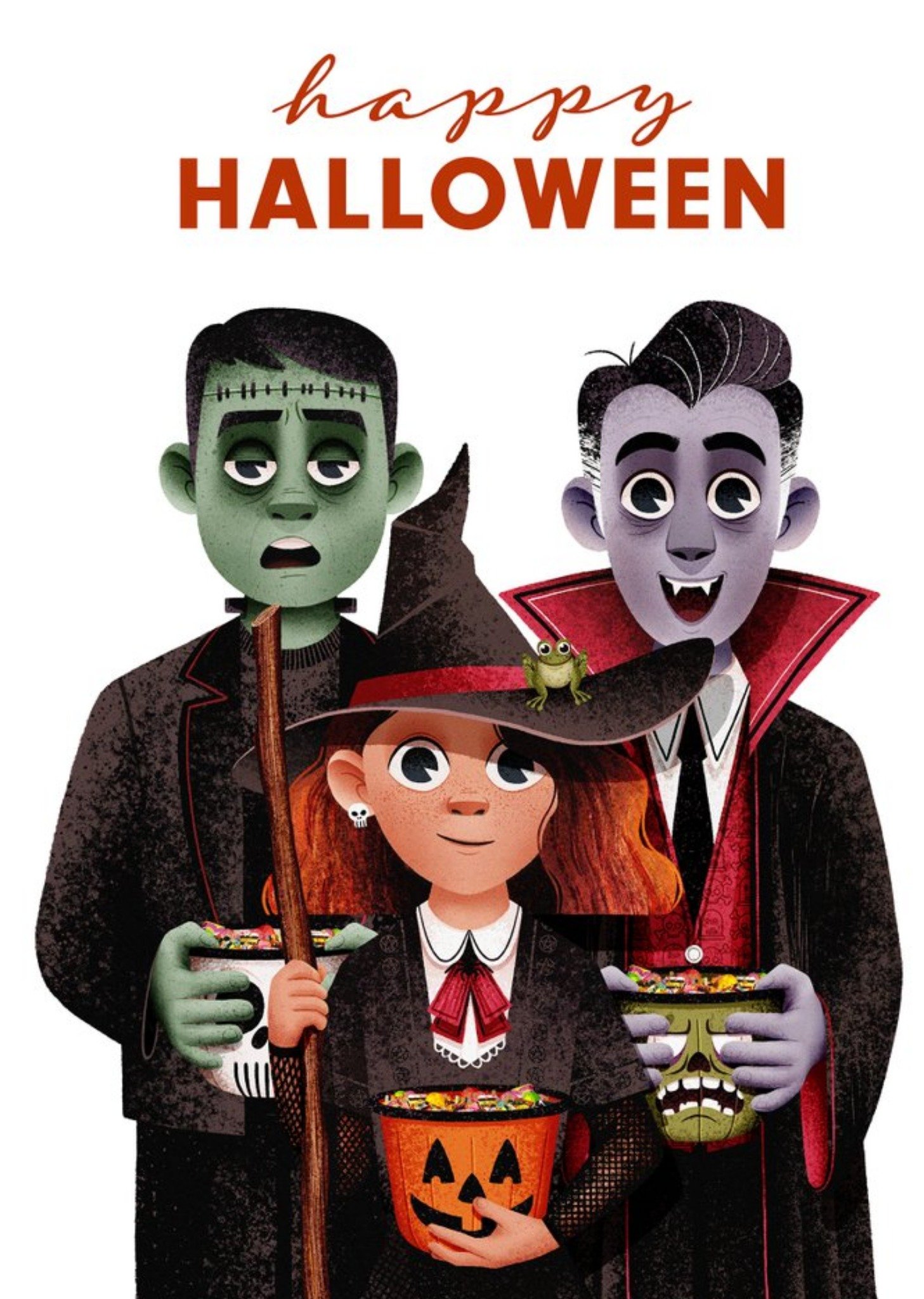 Folio Illustrated Three Kids In Costume Vampire Witch Frankenstein Happy Halloween Ecard