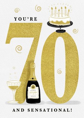Large Golden Number With Illustrations Of Cake And Wine Seventieth Birthday Card