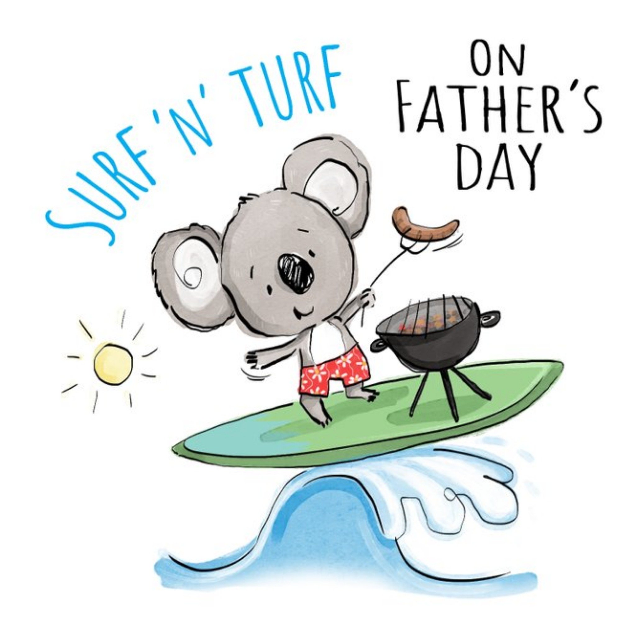 Moonpig Illustration Of A Koala Cooking Sausages On A Barbeque While Surfing Father's Day Card, Squa
