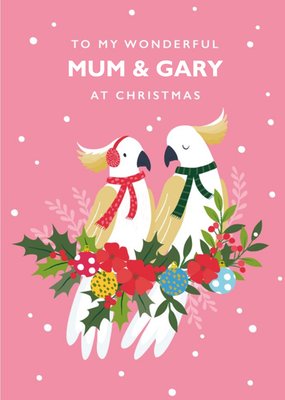 Cute Illustration Of A Pair Of Cockatoos Perched In Decorations Christmas Card